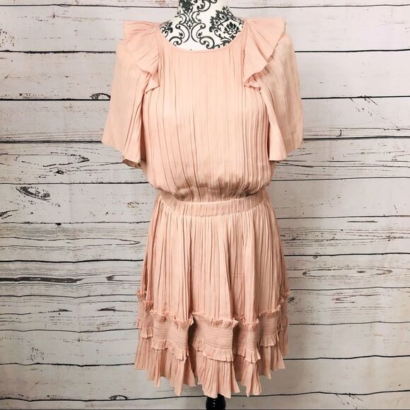 Halston Heritage Short Flutter Sleeve Dress Smocked Ruffle Pleated Bloom Pink - Picture 1 of 8